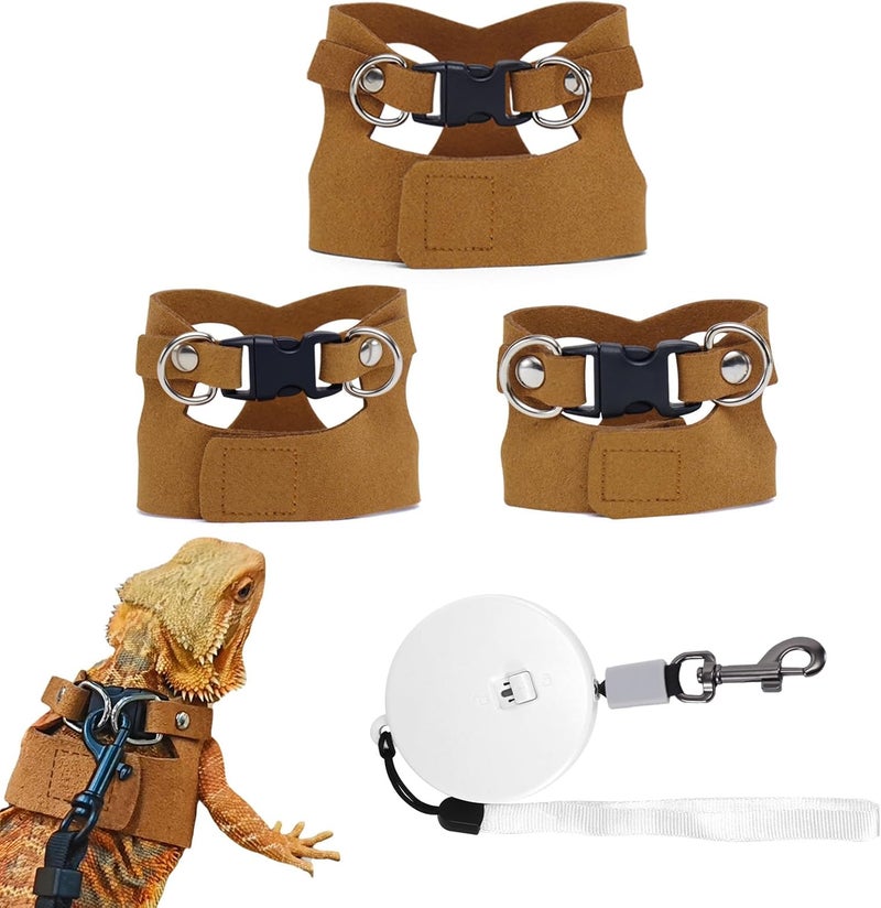 VOXGET 3 Pack Bearded Dragon Leash and Harness Set, Retractable 9.8FT Leash with 3 Sizes Adjustable Soft Harness for Reptile Small Animals Walking, Cute Lizard Vest Clothes for Reptile Lovers -Brown - Image 1